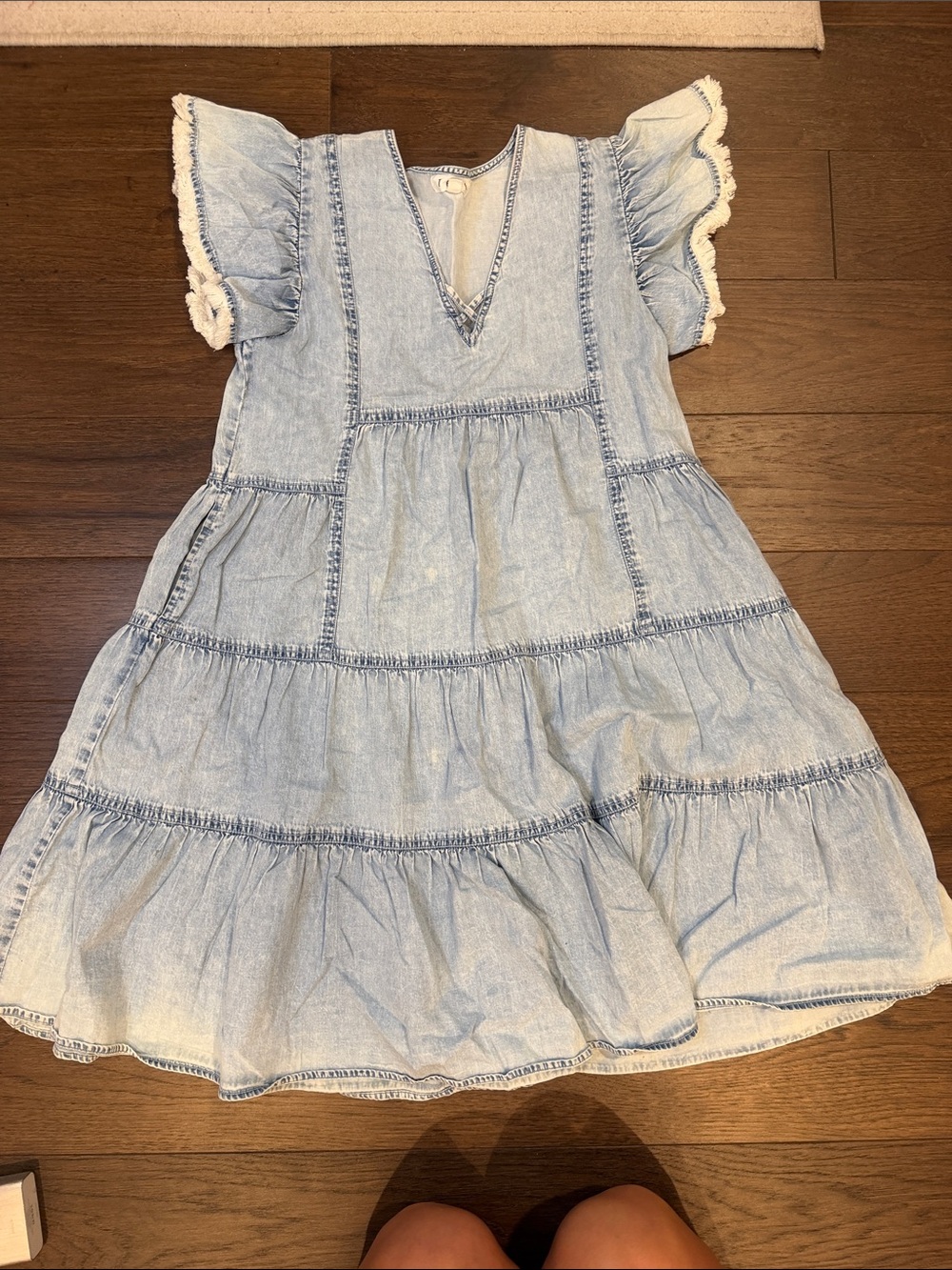 THML Denim Tiered Mini Dress XS Flutter Sleeve Fringe Boho Chambray - C31-066